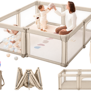 LIODUX Foldable Baby Playpen, 180 x 200CM Quick Setup Baby Fence, Collapsible Play Pen for Babies, Folding Children's Fence Play Area with Storage Bag & 30 Ocean Balls, Playpen for Babies (Beige)
