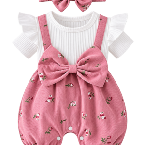 Baby Girl Clothes Romper Summer, Floral Print Fake Two Pieces Patchwork Bow Shorts Jumpsuits and Headband Set, Newborn Baby Outfit 3-6 Months